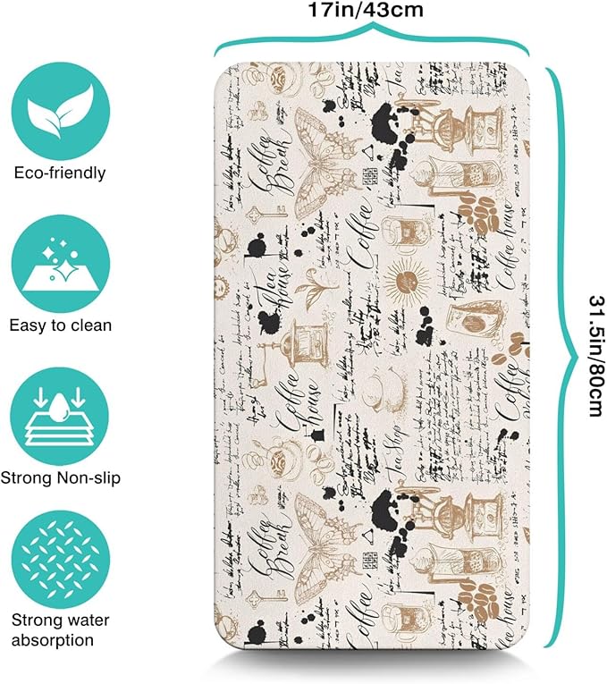 Coffee Mat 17inx31.5in, Coffee Bar Mat for Countertops, Absorbent, Hide Stain, Anti-Slip, Dish Drying Mat