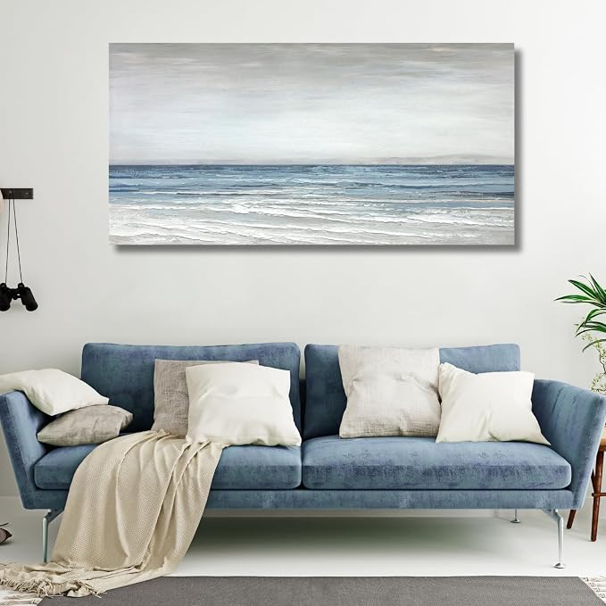 TRAIN2 ART Abstract Wall Art Painting Wall Decor Large Artwork Textured Blue and White Sea Background Canvas Wall Art for Living Room Bedroom Home Decor 20"x40"
