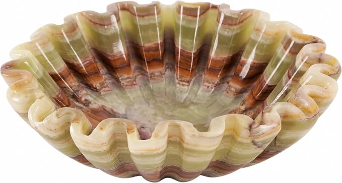 Green Onyx Marble Decorative Bowl 8 Inch Handmade – Scalloped Ruffle Bowl for Kitchen Counter, Dining Table Centerpiece & Entryway Key Bowl, Housewarming Gifts