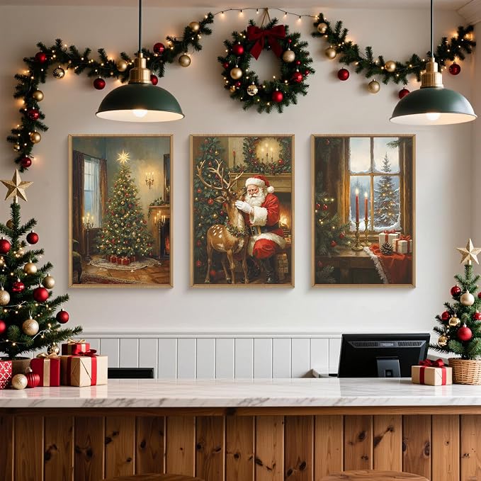 Vintage Christmas Wall Art Set, Santa Reindeer Snowy Painting, Lit Tree Candle Window Artwork for Living Room, Bedroom, Fireplace, Xmas Gifts for Home Decoration -16"x24"x3