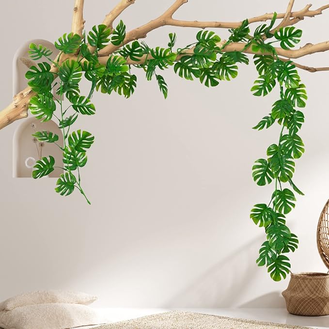 RECUTMS Artificial Palm Leaves Vines 3Pcs, 5.9FT Outdoor Fake Hanging Plant Ivy Faux Tropical Monstera Leaf Garland Greenery for Garden Porch Patio Jungle Luau Beach Birthday Party Indoor Summer Décor