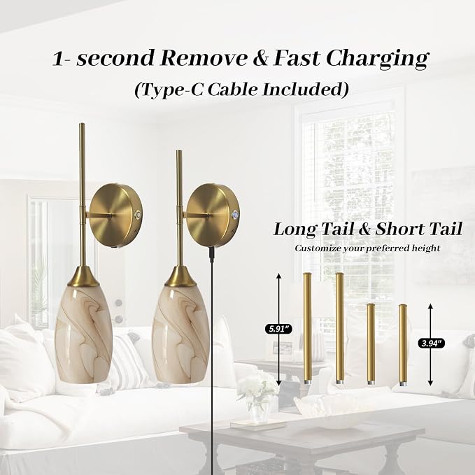 Battery Operated Wall Sconces Set of 2, Gold Rechargeable Wireless Wall Sconces with Hand-Blown Glass, Remote Control, Magnetic Mount,Dimmable 3 Colors for Bedroom Living Room Hallway