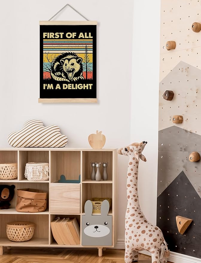 Foritho First of All I'm a Delight Sarcastic Angry Opossum Poster Wall Art Framed, Gifts for Opossum Lovers, 70s Retro Funny Animal Meme Canvas Prints Wall Decor for Home Office, 12x16 Inch