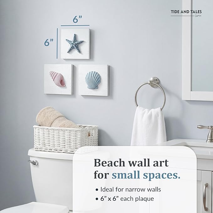 Tide and Tales 3D Beach Wall Art - Seashell with Starfish for Coastal Bathroom Decor, Ocean Inspired Decor for Bathroom, Coastal Bedroom, Living Room or Beach House, Set of 3 (6”x 6”)