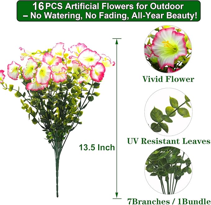 Grunyia Artificial Morning Glory Flowers - UV Resistant Pink Faux Silk Plastic Fake Flower Bundles for Outdoor Indoor Porch Patio Planter Window Box Garden Home Decor