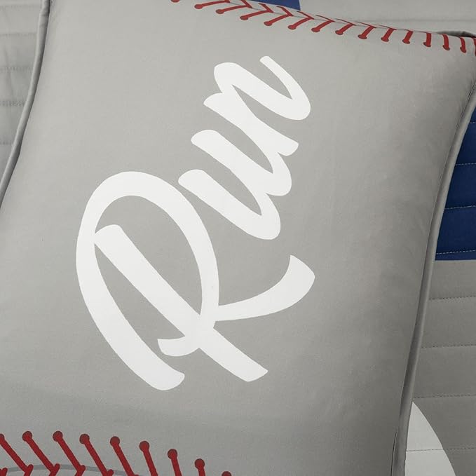 Lush Decor Baseball Game Reversible Quilt Twin Size 4 Piece Set Gray & Navy - Toddler Bedding Set Twin Quilt - Sports Bedroom Decor - Baseball Bedding