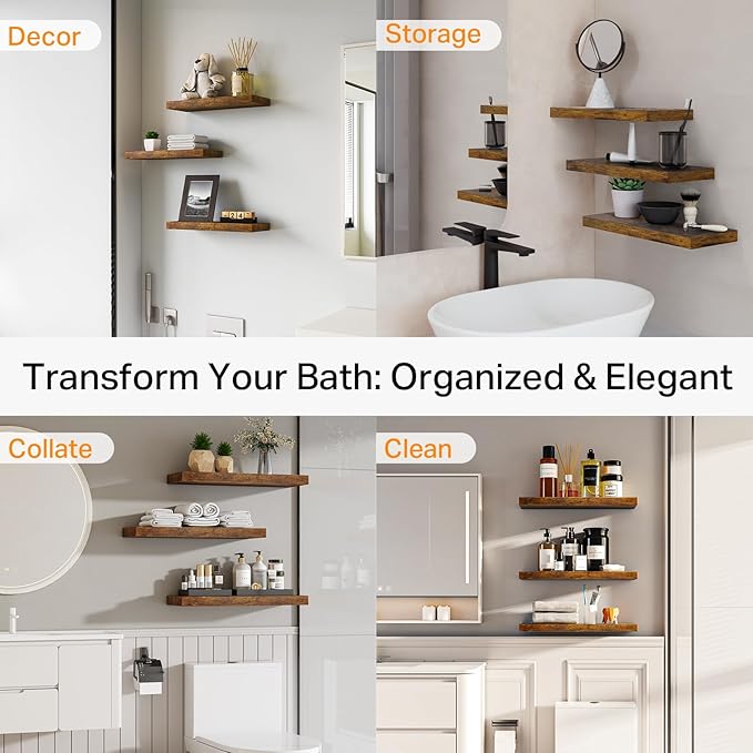 BAYKA Floating Shelves Bathroom for Wall – Shelf Over Toilet Farmhouse Rustic Wood for Bedroom, Kitchen, or Living Room Decor Organization, Bathroom Decor Shelves – Rustic Brown, Set of 3