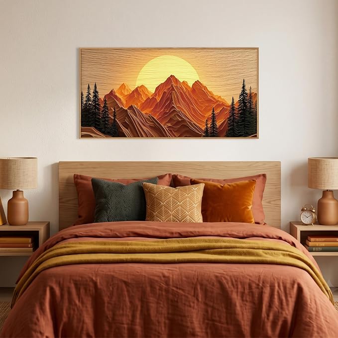 Large Boho Golden Mountain Framed Canvas Wall Art Set, Abstract Ridge Sunset Landscape Wall Decor, Natural Wooden Pine Tree Scenery Artwork for Living Room,Bedroom,Office-20 x40