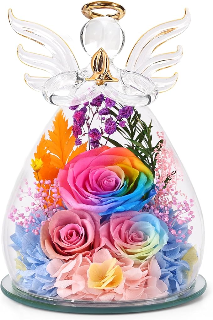 Gifts for Mom Birthday Gifts for Women Preserved Rose Forever Flower in Glass Angel Figurines Fresh Flowers for Delivery Anniversary Mothers Day Real Colorful Roses for Grandma Her Wife from Daughter