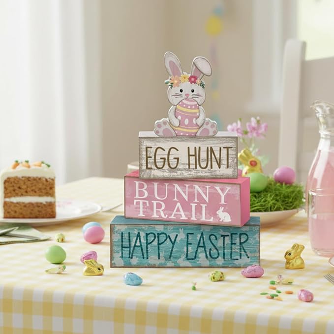 Lineshading 4 Pcs Easter Bunny Table Decor Wooden Pastel Bunny - 3-tier Wooden Tabletop Sign with 3D Floral Rabbit & Egg, Rustic Farmhouse Decorations for Home Easter Egg Hunt Party Centerpiece Gift