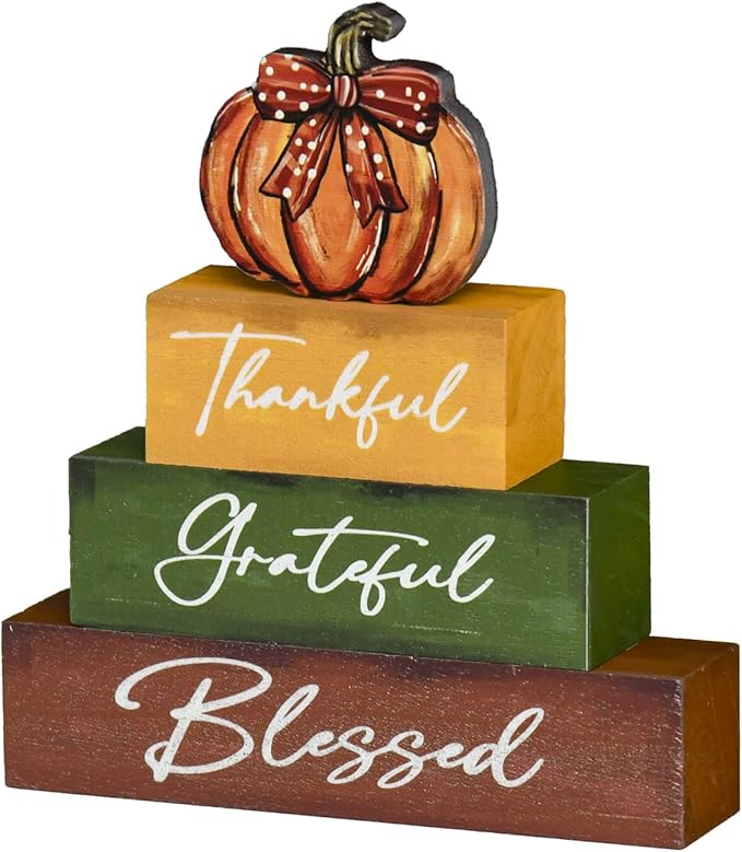Smile Thanksgiving Fall Decor Indoor Wooden Block Signs, Pumpkin Decor Thankful Grateful Blessed for Rustic Farmhouse Home,Thanksgiving Table Tiered Tray Kitchen Harvest Decorations