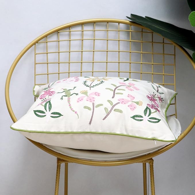 Set of 2 Embroidered Decorative Throw Pillow Covers Couch Square Pillowcases Cushion for Bedroom Sofa Farmhouse Decor 18x18 Inch (Gecko Flower)