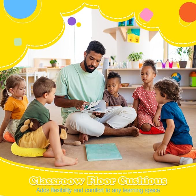 Fumete 8 Pcs 16 Inch Floor Cushions Pillow for Kids Bulk Classroom Round Flexible Seating Floor Cushions for Students Home Daycare School Reading Corner Yoga Meditation Picnic (Classic Rainbow)