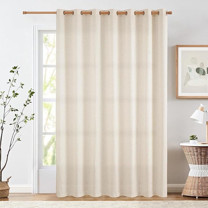 jinchan Linen Curtain 96 Inches Long for Sliding Glass Door, Farmhouse Semi Sheer Ceiling Curtain Living Room Light Filtering Grommet Farmhouse Rustic Beige Drape, 100" x 96", 1 Panel