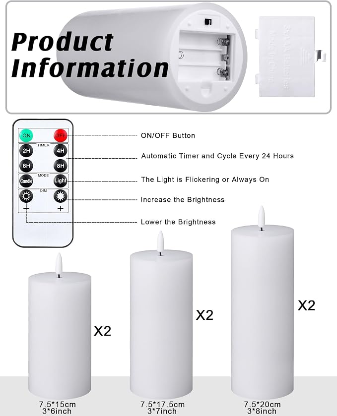VIHOSE 6 Pack White Flameless Candles Set with Remote and Timer Flickering Flameless Battery Candles Flat Top LED Pillar for Wedding Outdoor Home Festival Decoration(D 3" H 6" 7" 8")