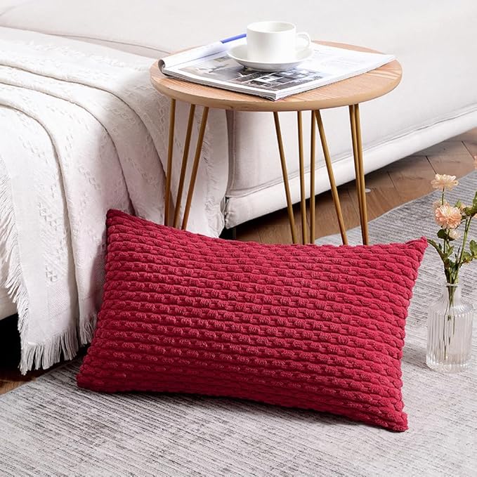 Fancy Homi Set of 2 Burgundy Lumbar Decorative Throw Pillow Covers 12x20 Inch for Couch Bed Sofa, Modern Farmhouse Boho Home Decor, Soft Plush Corduroy Rectangle Wine Red Cushion Case 30x50 cm
