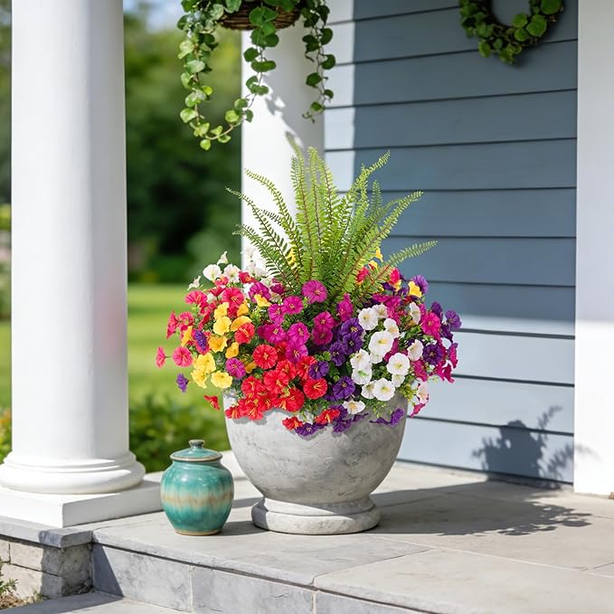 Artificial Flowers Fake Plants for Outdoors Decoration, 12 Bundles Silk Morning Glory with Boston Fern Realistic UV Resistant Faux Spring Flowers for Outside Planter Yard Patio Garden Home Indoor Urn