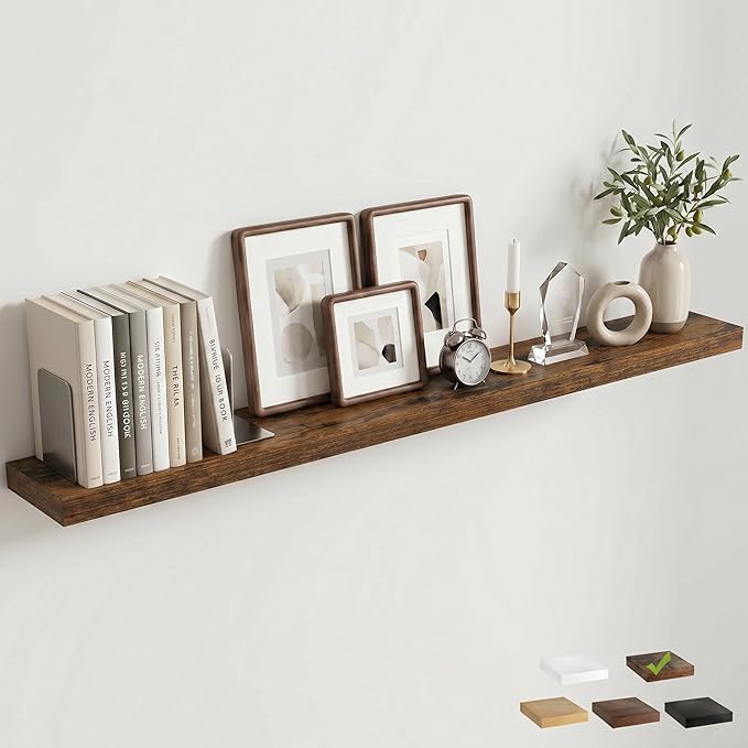 Venusmiles Floating Shelves for Wall, 55 Inch Floating Shelves Set of 1, 6.5" D Wooden Wall Mounted Display Shelves with Invisible Brackets for Living Room, Bedroom, Bathroom, Kitchen Decor, Brown