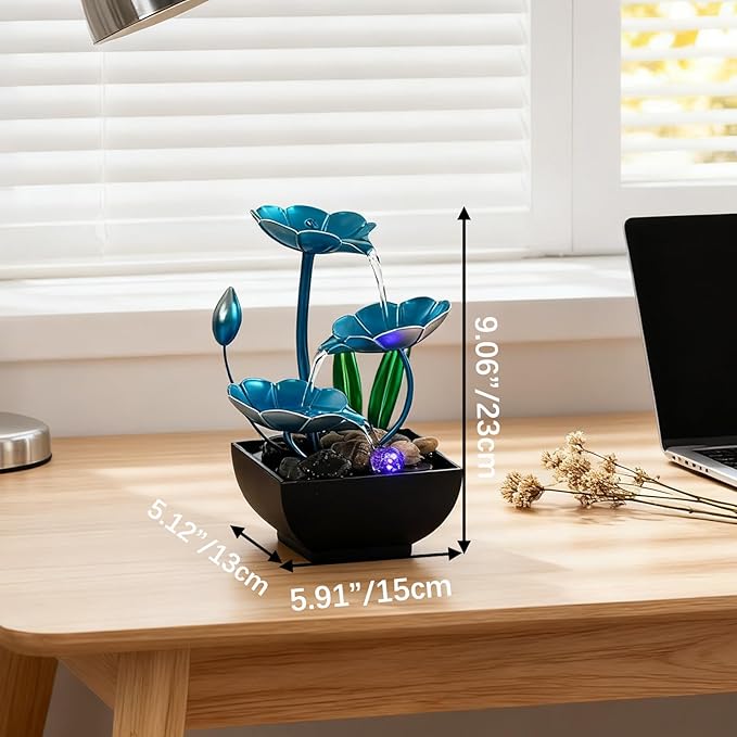 AOZITA Tabletop Fountain, Indoor Waterfall Fountain, Small Home Décor Zen Relaxation Soothing Sound Machine for Office, Living Room, or Bedroom,Blue Metal Lotus with Bud, River Rocks, LED