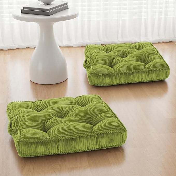 Meditation Floor Cushion Set of 2, 22x22 Tufted Floor Pillow for Adults, Square Large Meditation Cushion Pillow, Corduroy Sitting Pillow with Handle, Yoga Seating for Tatami, Light Green