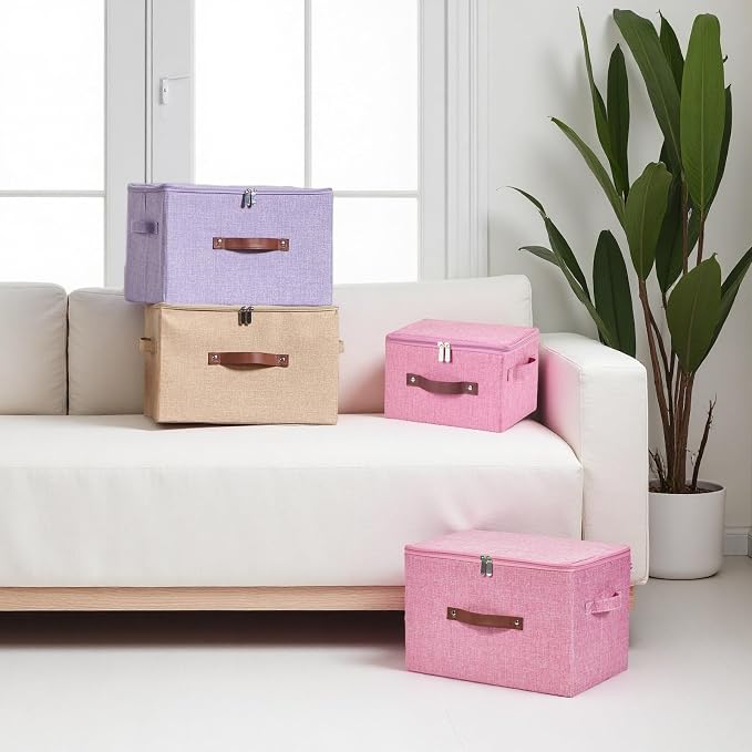 2 Pack Storage Bins with Zipper Lid Cotton Linen Fabric Lidded Storage Baskets Boxes Foldable Washable Closet Shelf Clothes Organizer Container with PU Leather Handles (Pink, Large)