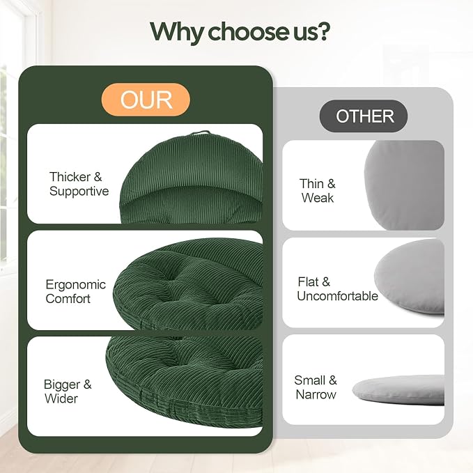 Meditation Cushion, 32 Inch Large Round Floor Pillow, Green | Soft Tufted Corduroy Meditation Pillow for Adults with Handle for Yoga, Cozy Meditation Mat for Reading and Tatami Seating