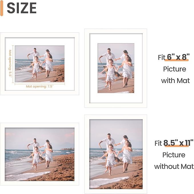 upsimples 8.5 By 11 Picture Frame, Display Pictures 6x8 with Mat or 8.5 x 11 Without, Wall Hanging Photo Frames, White, 1 Pack