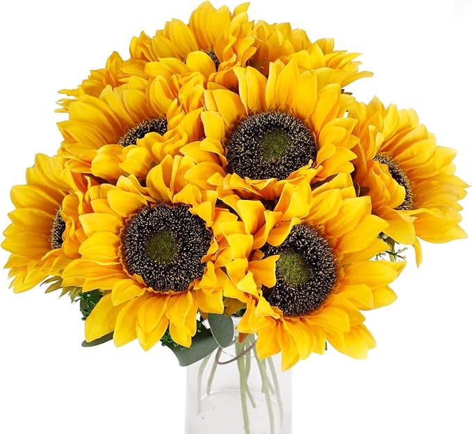 CEWOR 10pcs Sunflowers Artificial Flowers with Long Stem Fake Sunflowers Bulk Fall Decoration for Wedding Home Birthday Party Outdoor Indoor Decor