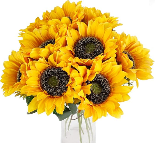 CEWOR 10pcs Sunflowers Artificial Flowers with Long Stem Fake Sunflowers Bulk Fall Decoration for Wedding Home Birthday Party Outdoor Indoor Decor