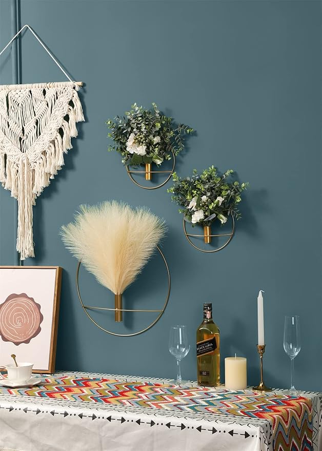 Pretty Jolly Boho Wall Decor, Wall-Mounted Metal Hanging Artificial Pampas Display, Art for Living Room, Bedroom, Bathroom, Dining Room, Plant Decor 2 Pack Gold