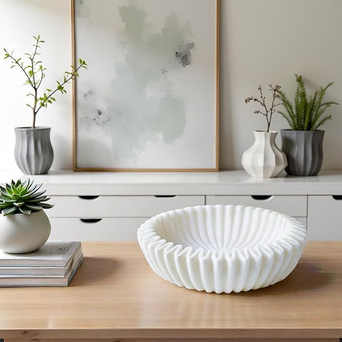 Braxio Decorative Bowl Modern Home Decor – Resin Ruffle Bowl Decorative Catchall for Entryway Dining Table Living Room Centerpiece Key Holder Fruit Bowl 9 x 9 x 2.6 Inch Art Deco Style