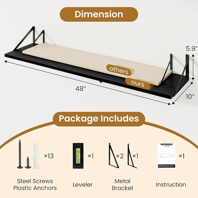 Acovy 48inch Floating Shelves for Wall,10" Deep Floating Shelves with Metal Brackets,Wall Mounted Hanging Floating Shelf,Wide Display Shelves for Living Room,Bedroom,Office,Kitchen,Black