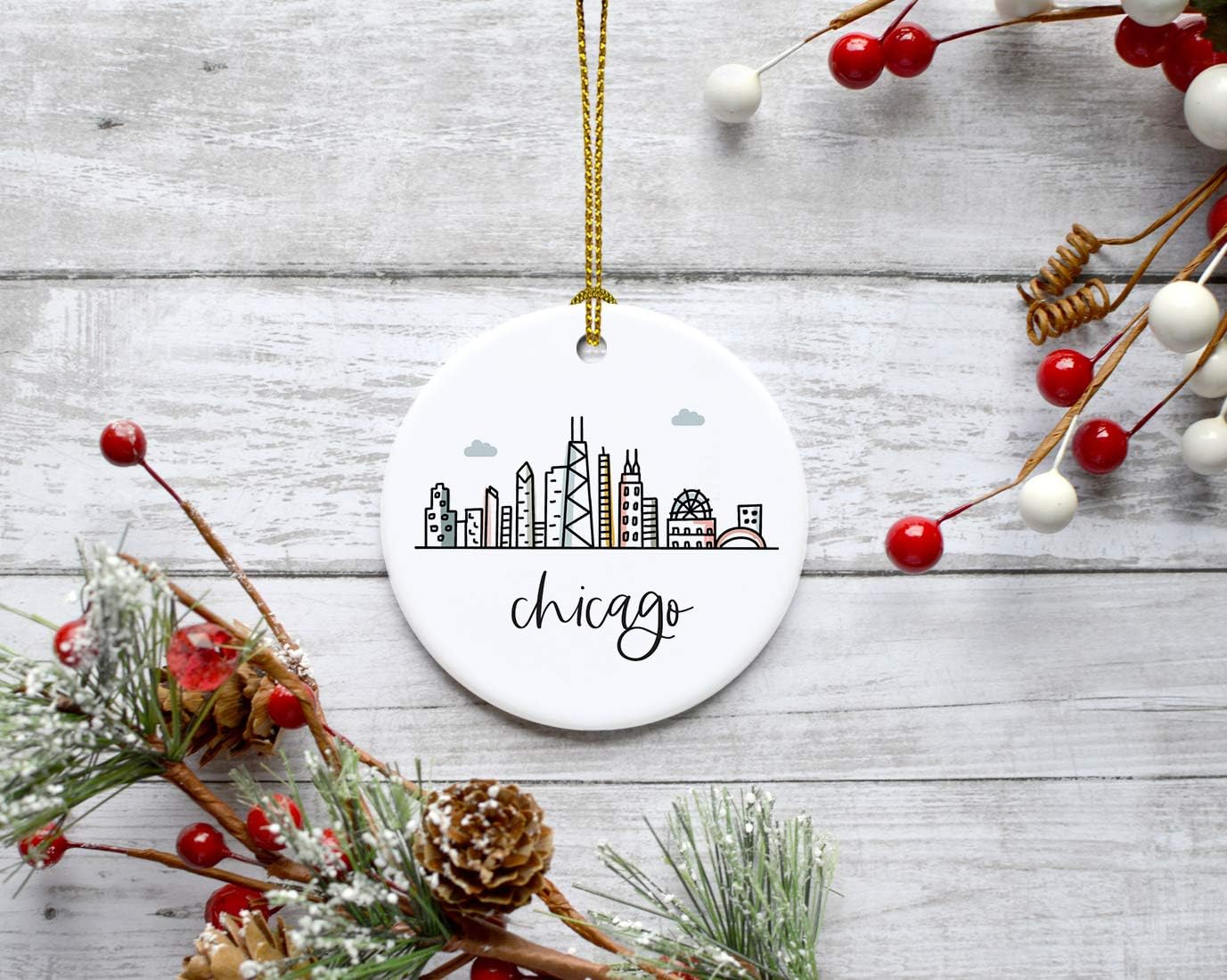 Andaz Press Round Ceramic Porcelain Christmas Tree Ornament Keepsake, Chicago Colorful City Skyline Graphic, 1-Pack, Birthday Gift Ideas Family Coworker Him Her, Includes Gift Box