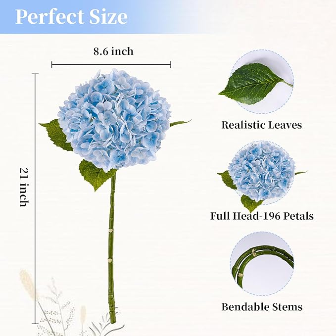 4 Pcs Hydrangea Artificial Flowers, 21'' Real Touch Latex Faux Hydrangeas,Fake Flowers Bouquets for Floral Arrangements Outdoor Wedding Kitchen Table Centerpiece Home Decoration（2White & 2Light Blue）
