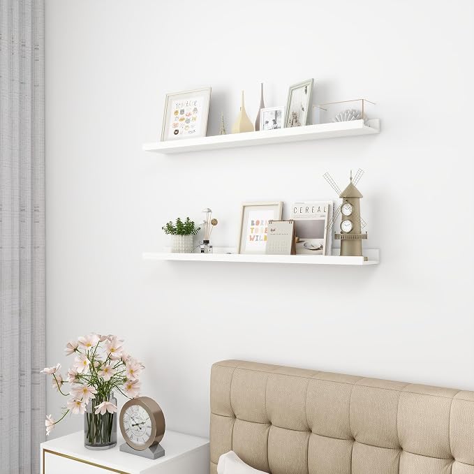 Acovy Picture Ledge Shelf, Wood Floating Shelves, 36 inch, White, Set of 2 | Photo Ledge, Wall Mounted, For Nursery Book Living Room Kids' Room Bedroom