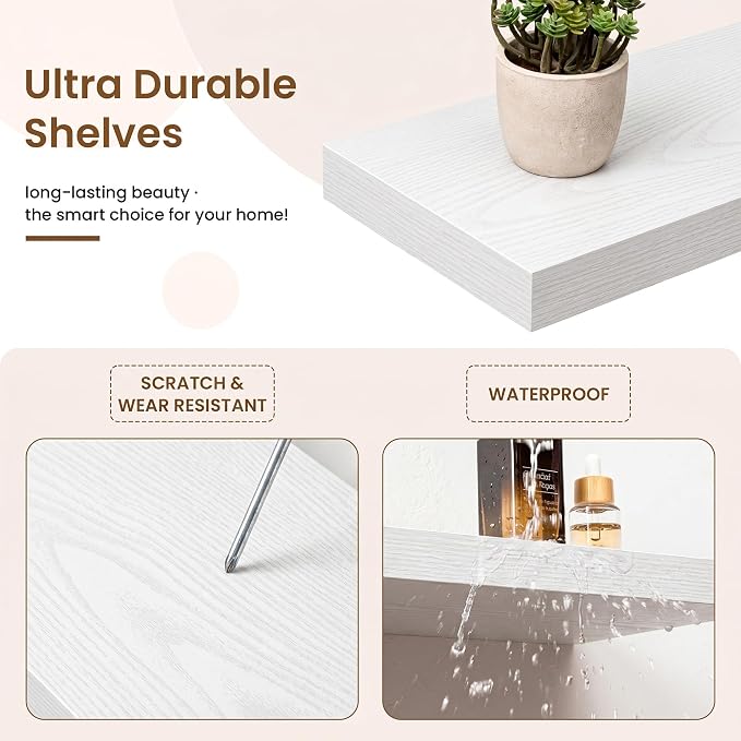 Marsmiles 55in Floating Shelves for Wall, 55" W x 9.25" D x 1.5" H, Long Wall Mounted Engineered Wood Shelves with Invisible Brackets for Living Room, Bedroom, Bathroom, Kitchen, White, 2Pcs