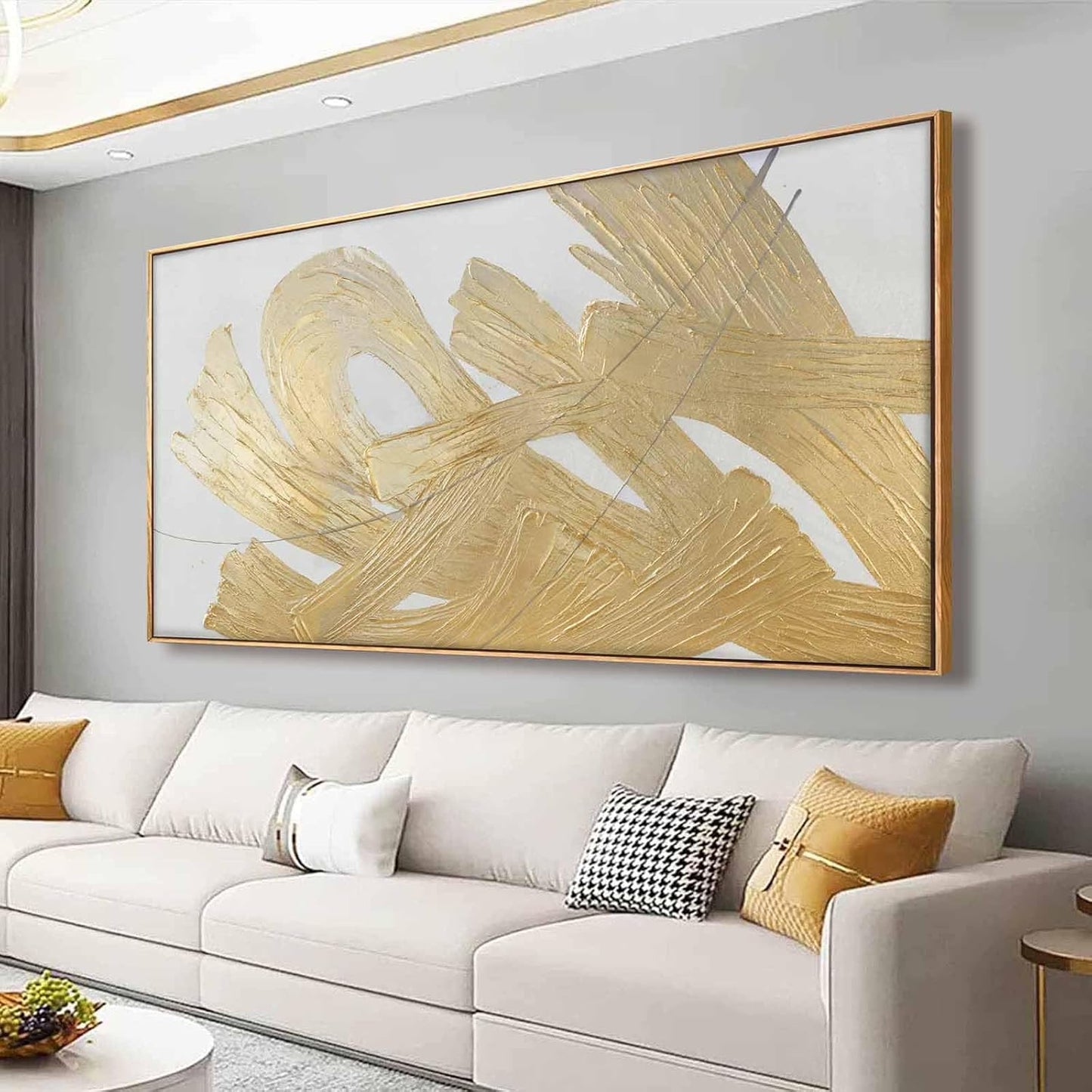 XIANSHOU Gold and White Canvas Wall Art Abstract Wall Artwork Neutral Wall Decor 36"x70" Large Canvas Painting for Living Room Office