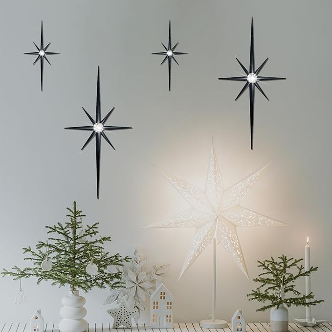4 Pack Metal Star Wall Art 8 Pointed Starburst Wall Decor Set with 2 Large & 2 Small Pieces Mid Century Celestial Metal Wall Sculpture for Bedroom Living Room Office Gallery Wall