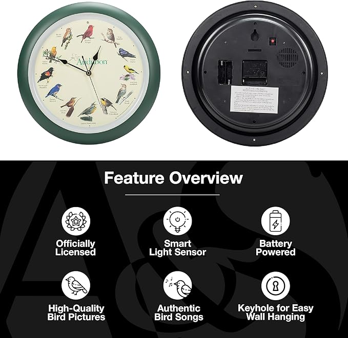 Mark Feldstein, Audubon Singing Bird Wall Clock, 13 Inch, Green