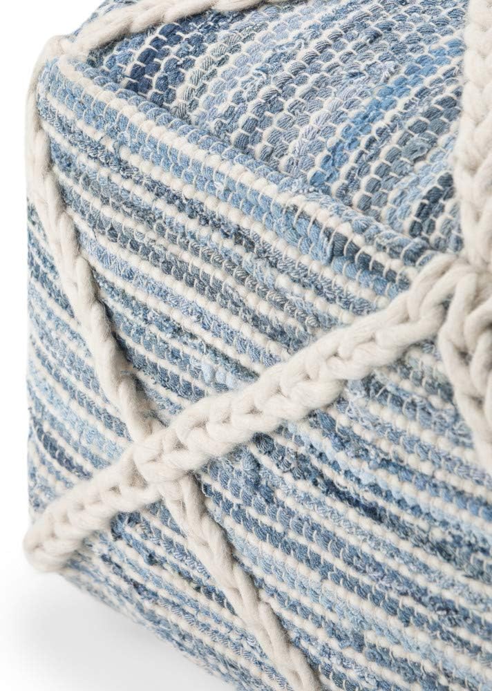 SIMPLIHOME Cowan Boho Square Pouf in Blue, Natural Handloom Woven for the Living Room, Bedroom and Kids Room