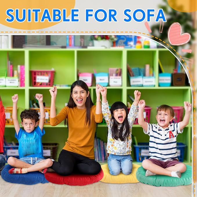 Jerify 4 Pcs Floor Pillow Cushions Large Round Square Large Meditation Floor Pillow for Classroom Adult Meditation Picnic Party Seating Learning Daycare School (Round,Colorful)