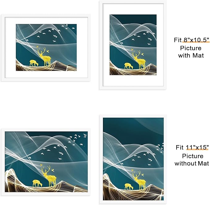 Picrit 11x15 Picture Frame Set of 12, Display 8.5x11 with Mat or 11x15 without Mat, Photo Frames for Wall Mounting Display, White