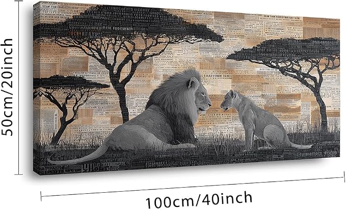 Ggaafet Lions Couple Wall Art for Bedroom Canvas Painting Prints Text Collage Style Male and Female Lion African Savannah Art Deco Retro Rustic Artwork Office Farmhouse Dining Room Decor