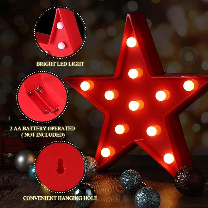 Tarpop 4 Pcs Star Plastic Night Light Battery Operated LED Marquee Star Sign Party Movie Theater Decor Room Wall Lamp for Kids Baby Child Girl Gifts, Birthday Party Christmas Home Bar(Red)
