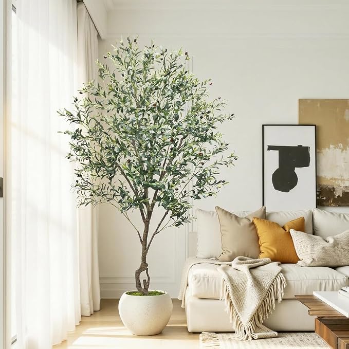Caxchiling Large Artificial Olive Tree 7FT, Indoor Outdoor Faux Tall Tree | Natural Trunk with Olive Fruits and Buds in White Planter for Home Office Living Room