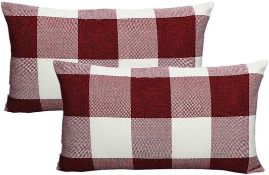 VAKADO 12x20 Inch Pack of 2 Farmhouse Retro Check Plaids Lumbar Throw Pillow Covers Christmas Decorative Rectangle Cushion Cases for Sofa Couch Car, Red White
