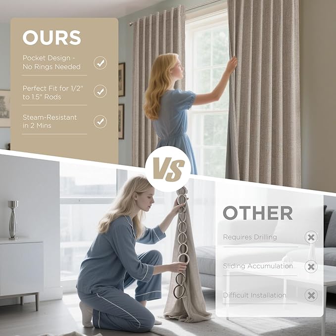 Joydeco Blackout Curtains for Bedroom - 100% Light Blocking 2 Panels Set Linen Drapes 37" W x 108" L, Thermal Insulated Room Darkening Curtains, Linen Textured for Living Room, Rod Pocket & Back Tabs