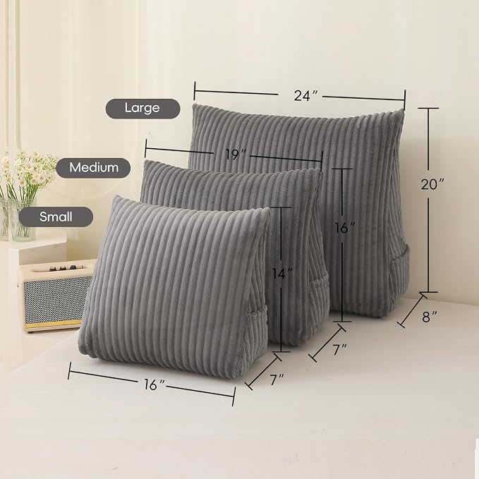 Corduroy Wedge Reading Pillow for Bed, 3 Sizes, 4 Colors for Bed, Sofa, Office Chair (Grey, Small 16 * 14 * 7in)