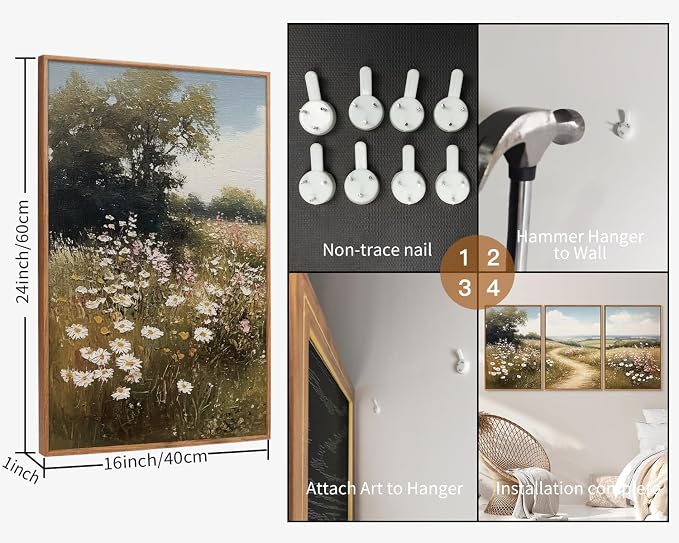 Rantodecor Rustic French Country Framed Canvas Wall Art, Vintage Flower Field Wall Decor, Calming Nature Landscape Art Paintings, Modern Wildflower Artwork for Farmhouse Bedroom Living Room 16"x24"x3