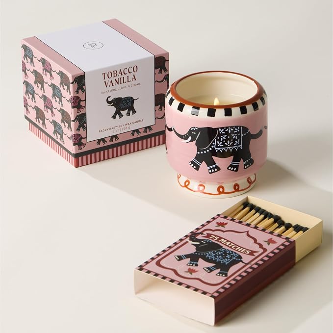 Paddywax Scented Candles Dopo Hand-Painted Ceramic Luxury Artisan Candle, 8-Ounce, Elephant - Tobacco Vanilla